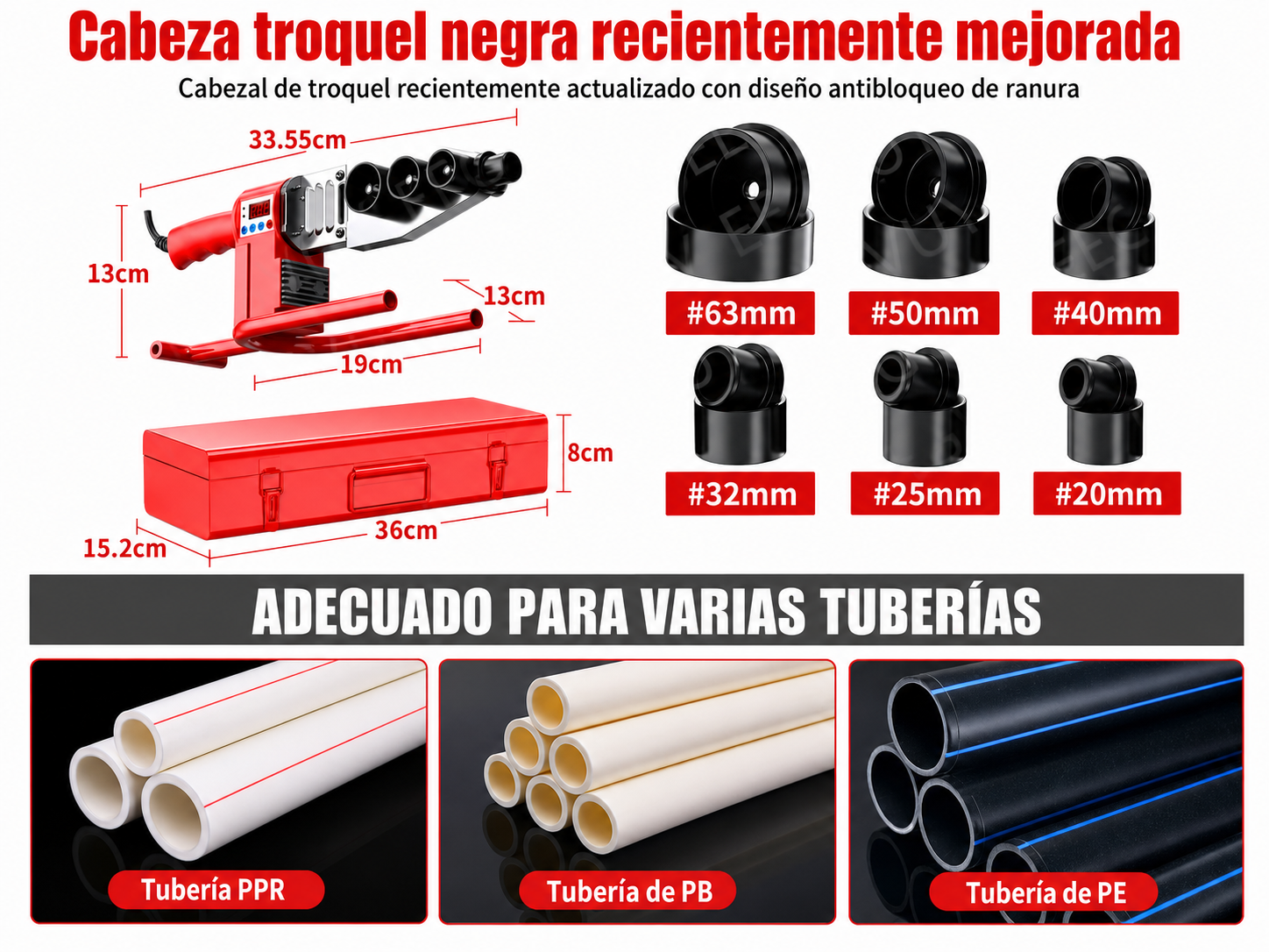 Termofusora Digital Profesional 1200 W con 6 Matrices y Cortatubos
